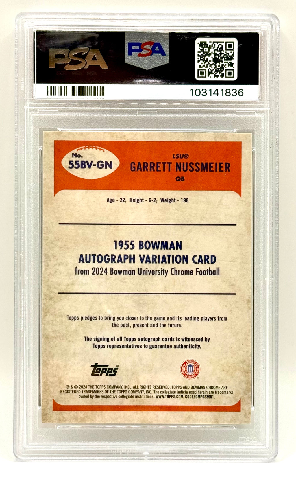 Garrett Nussmeier - 2024 Bowman U Chrome '55 Bowman #55BVGN /99 - PSA 9 MINT